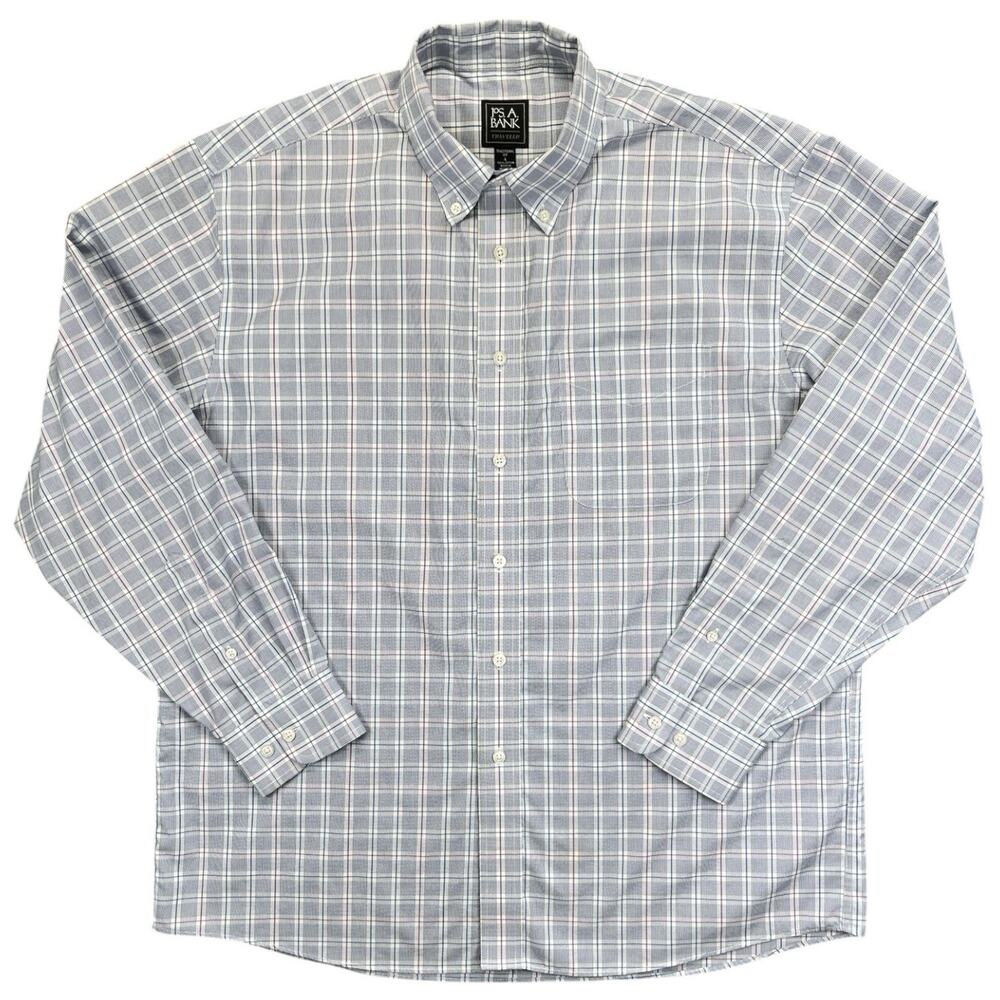 Jos A Bank Traveler Long Sleeve Plaid Shirt Blue Purple Traditional Fit Men LG